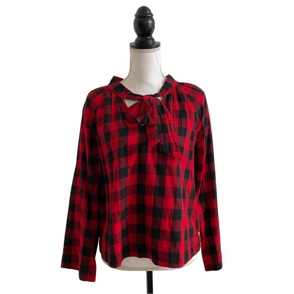 Madewell Tieneck Popover Top Buffalo Plaid Check Traditional Red & Black Small